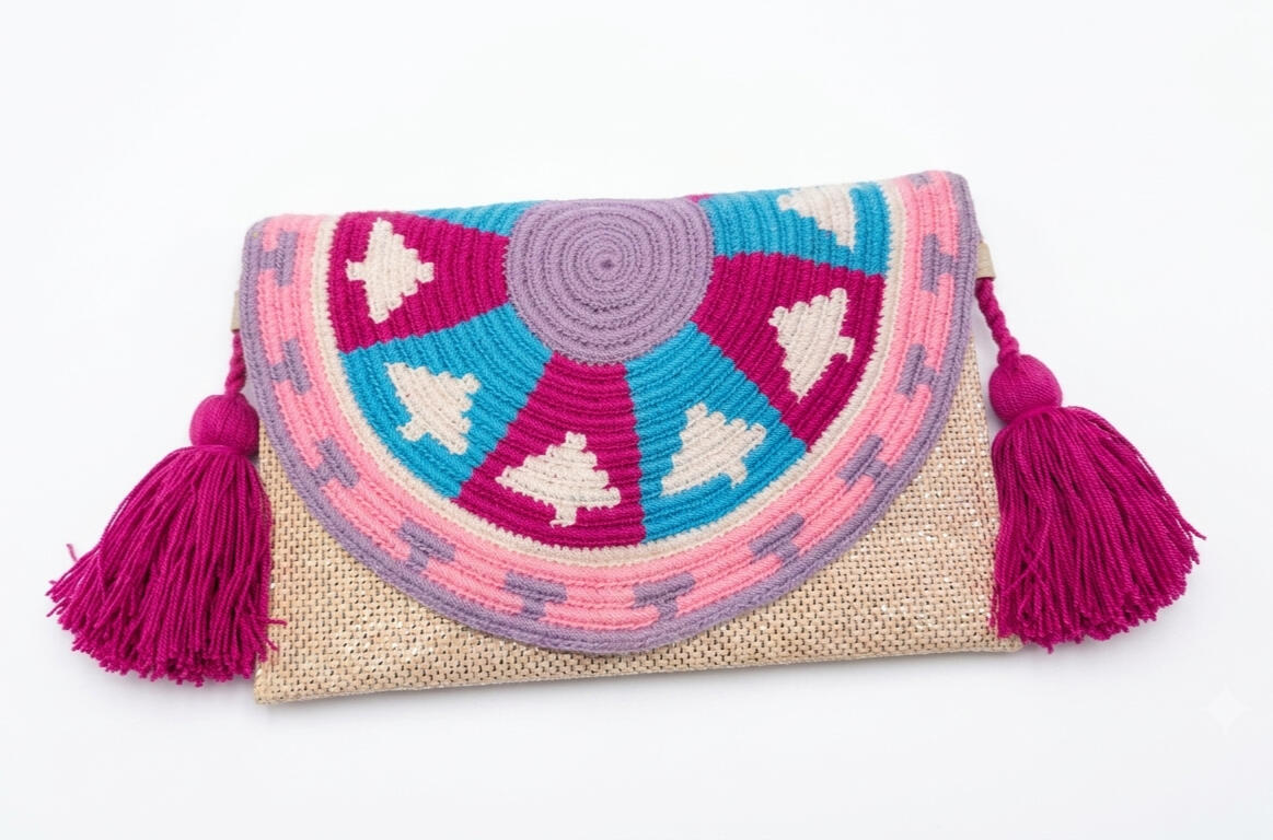 Divers Roses - Pochette Pailletes Paille Wayuu Divers Roses - Pochette Pailletes Paille Wayuu
